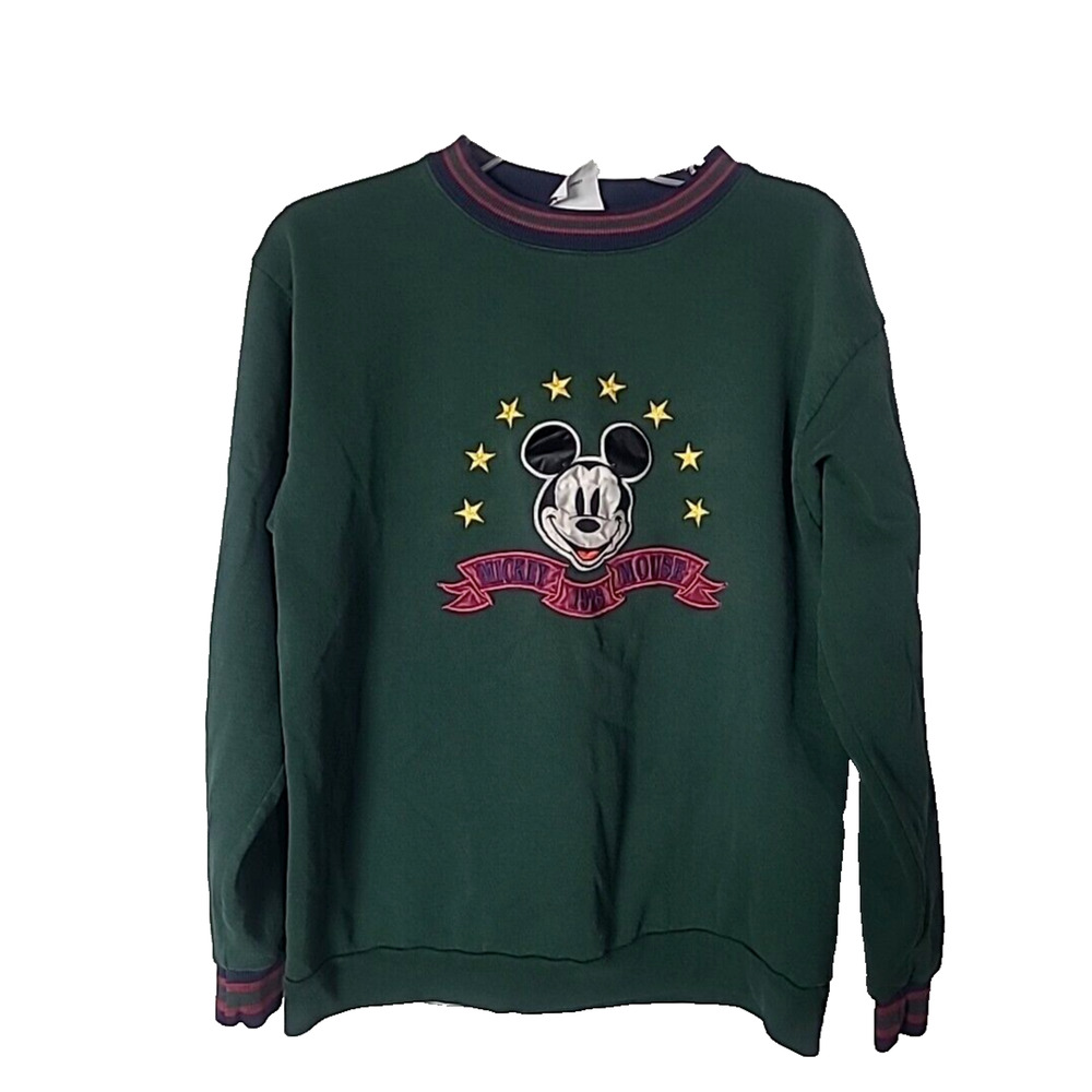 VTG 90's Y2K Preppy Disney Mickey‎ Mouse Green Pullover Sweatshirt Womans Small